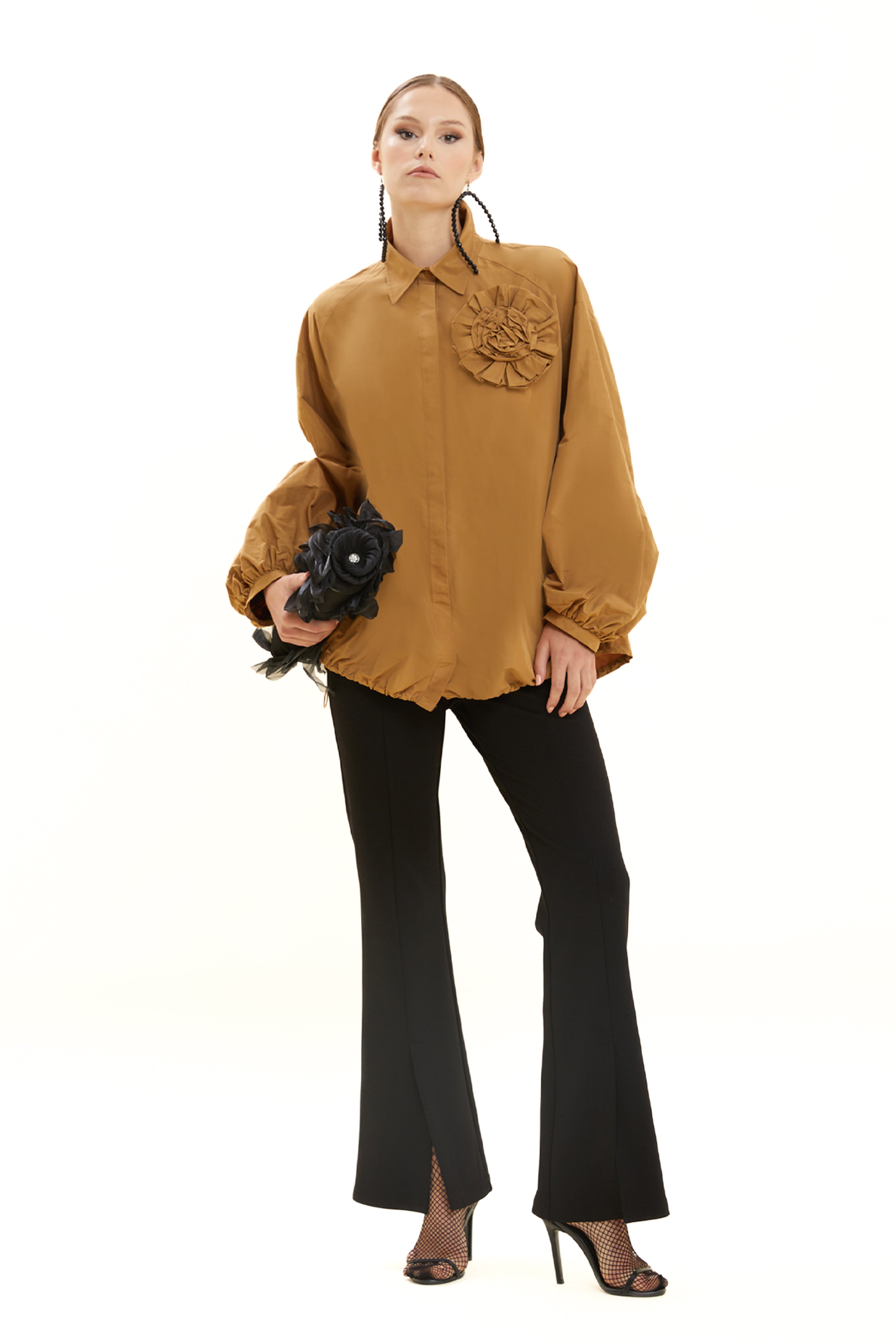 Taffeta Shirt with Brooch Accessory