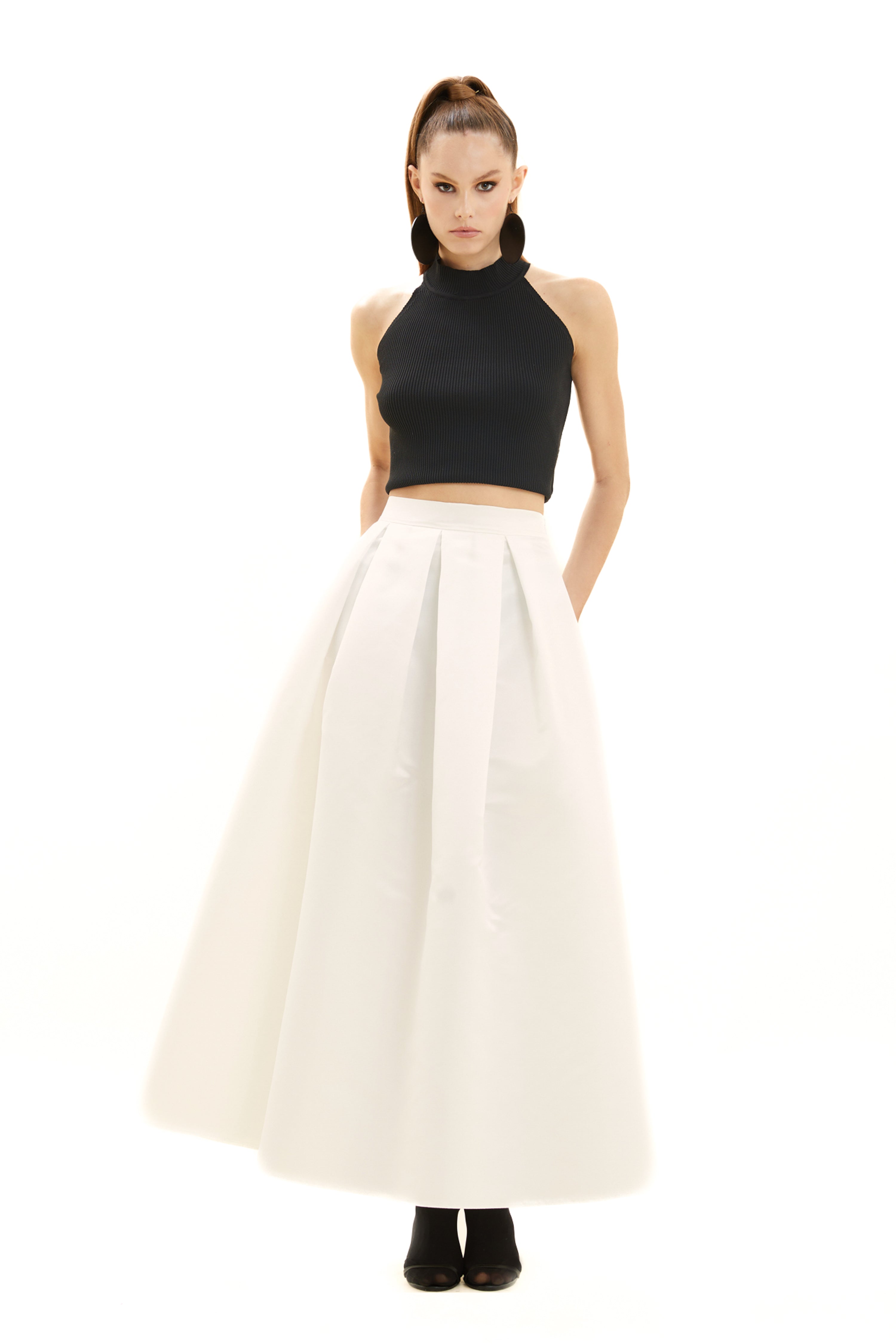 Pleated Long Satin Skirt