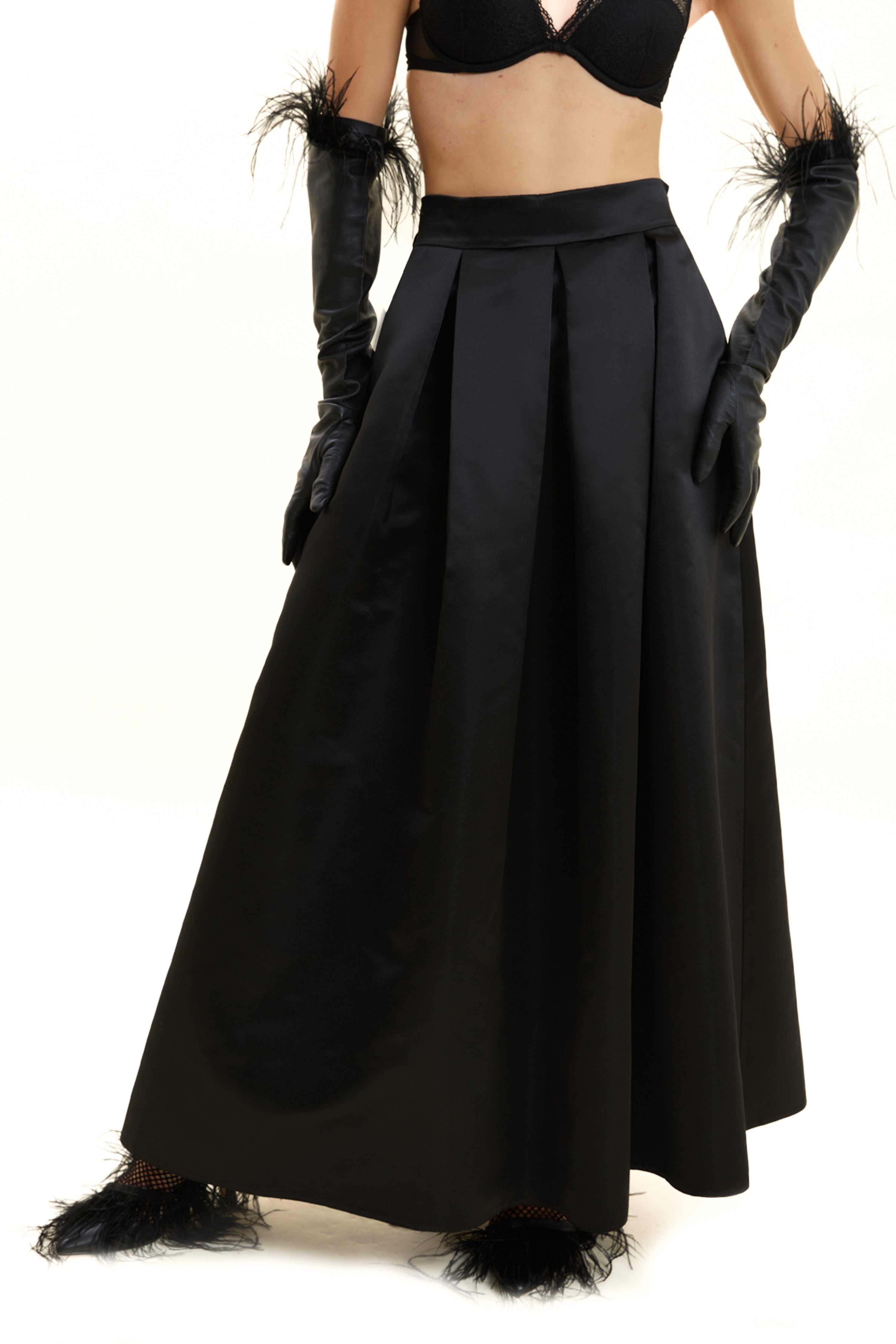 Pleated Long Satin Skirt