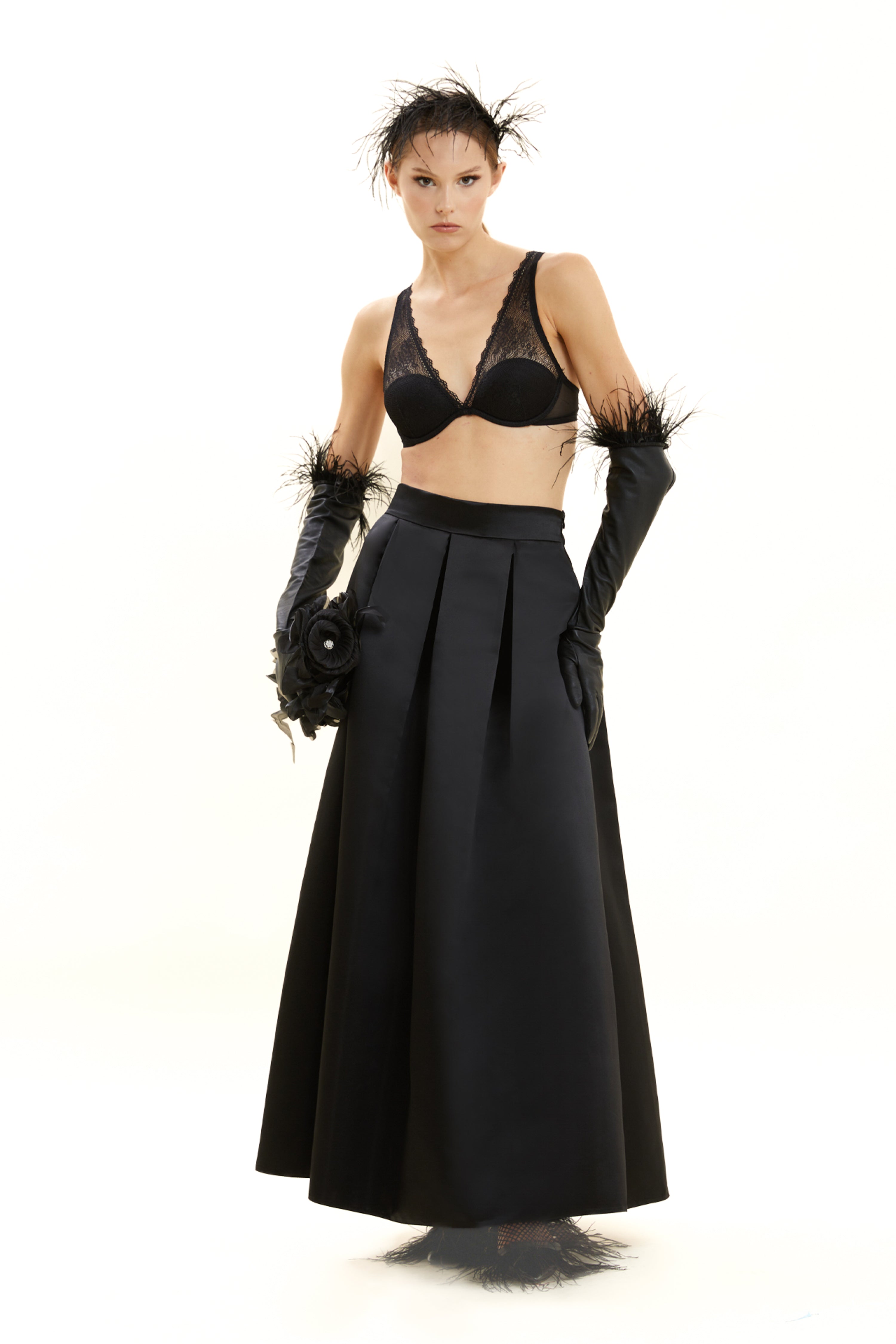 Pleated Long Satin Skirt