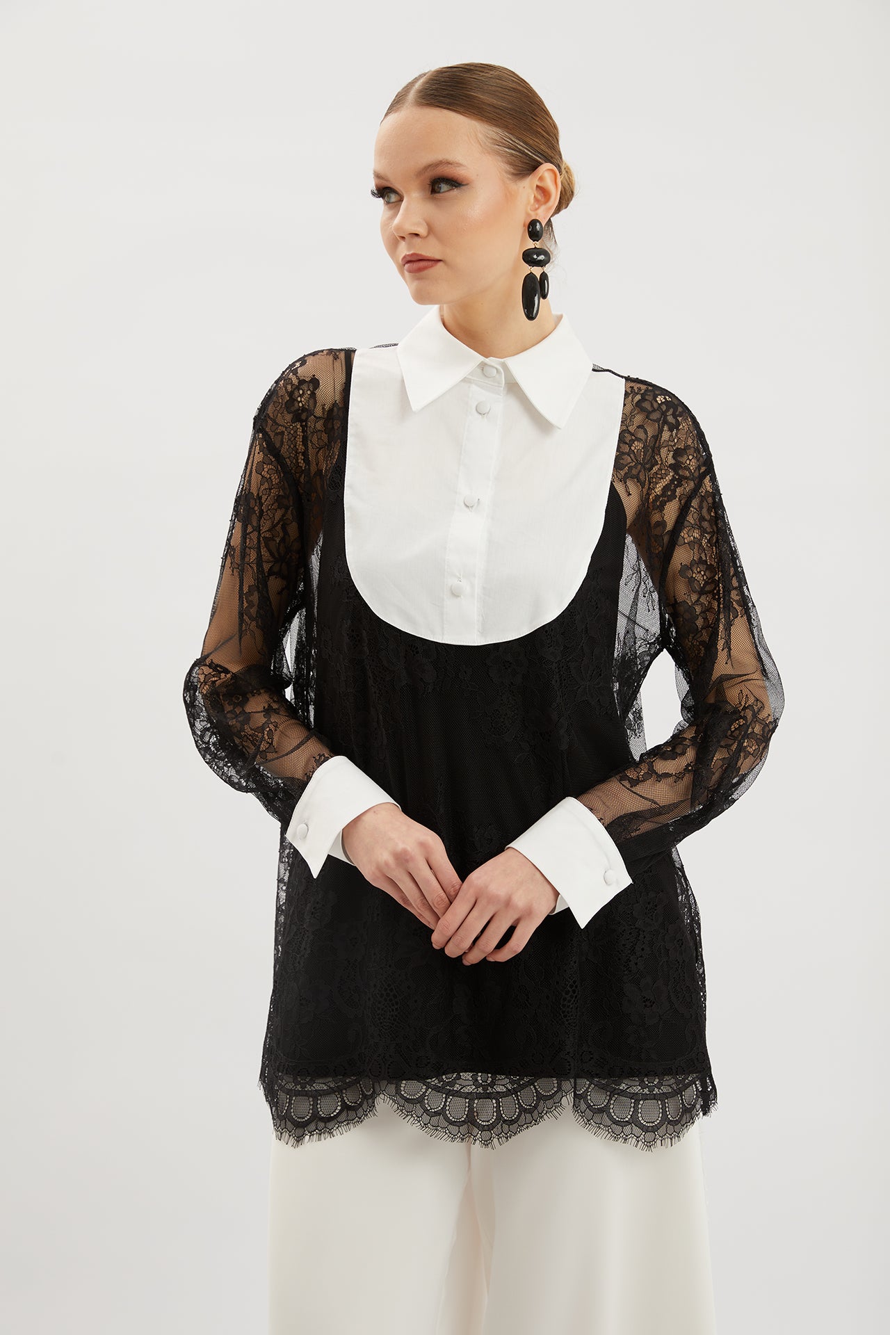 Lace Detail Shirt Collar Blouse
