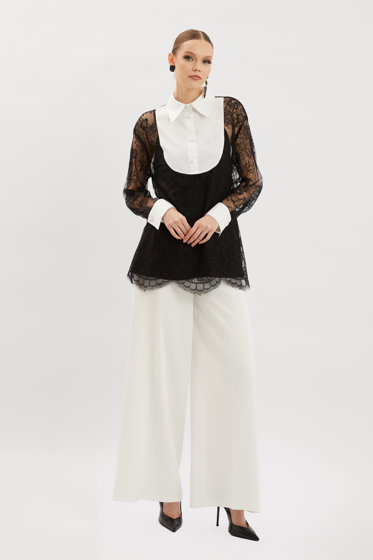 Lace Detail Shirt Collar Blouse