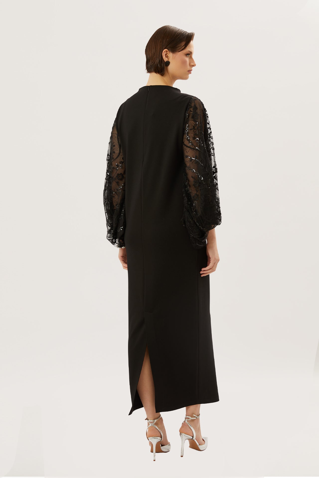 Beaded Lace Balloon Sleeve Black Midi Dress