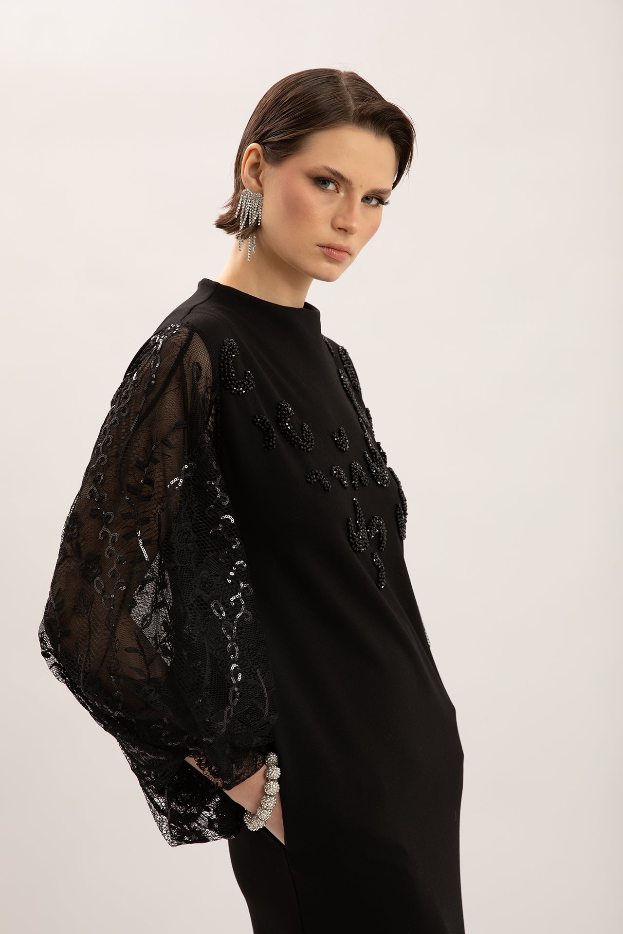Beaded Lace Balloon Sleeve Black Midi Dress