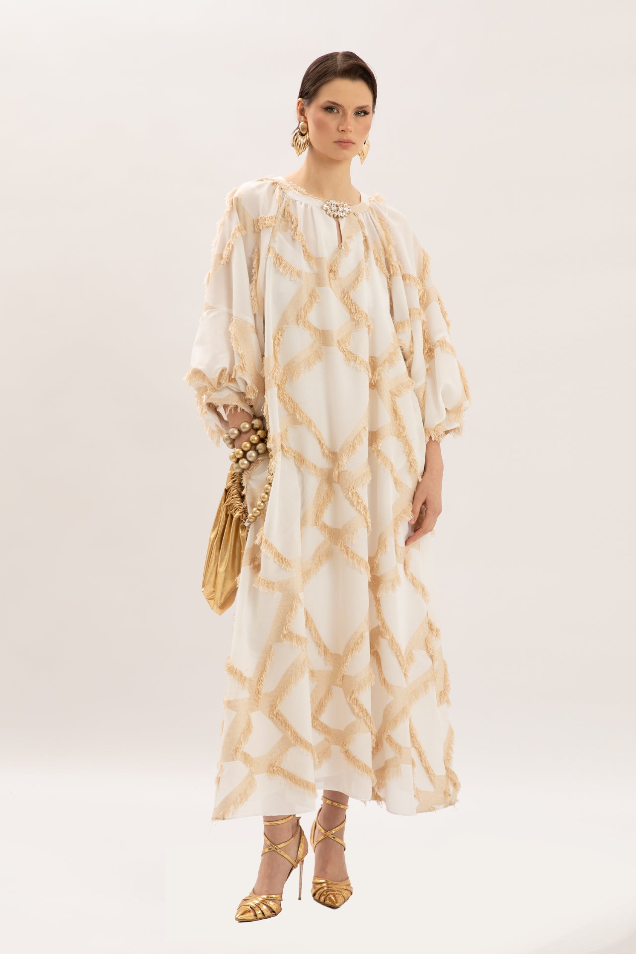 Ecru Maxi Dress with Geometric Texture and Brooch Detail