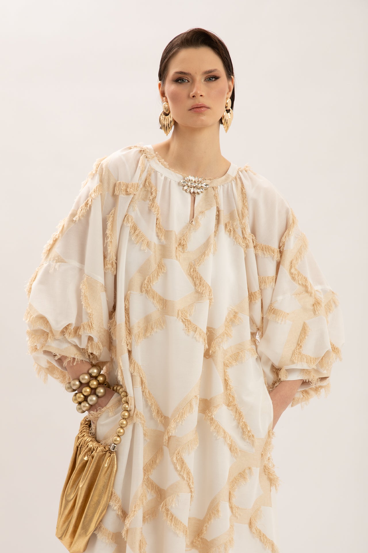 Ecru Maxi Dress with Geometric Texture and Brooch Detail