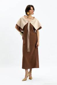 Coffee-colored midi dress with cape, brooch and tassel details