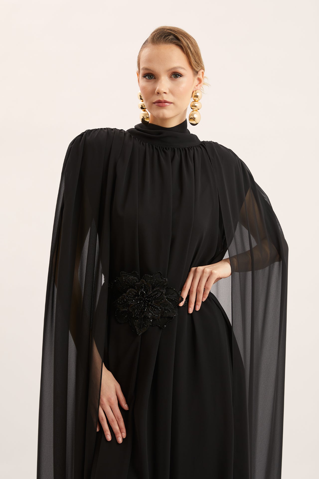 Cape Detail Embroidered Dress