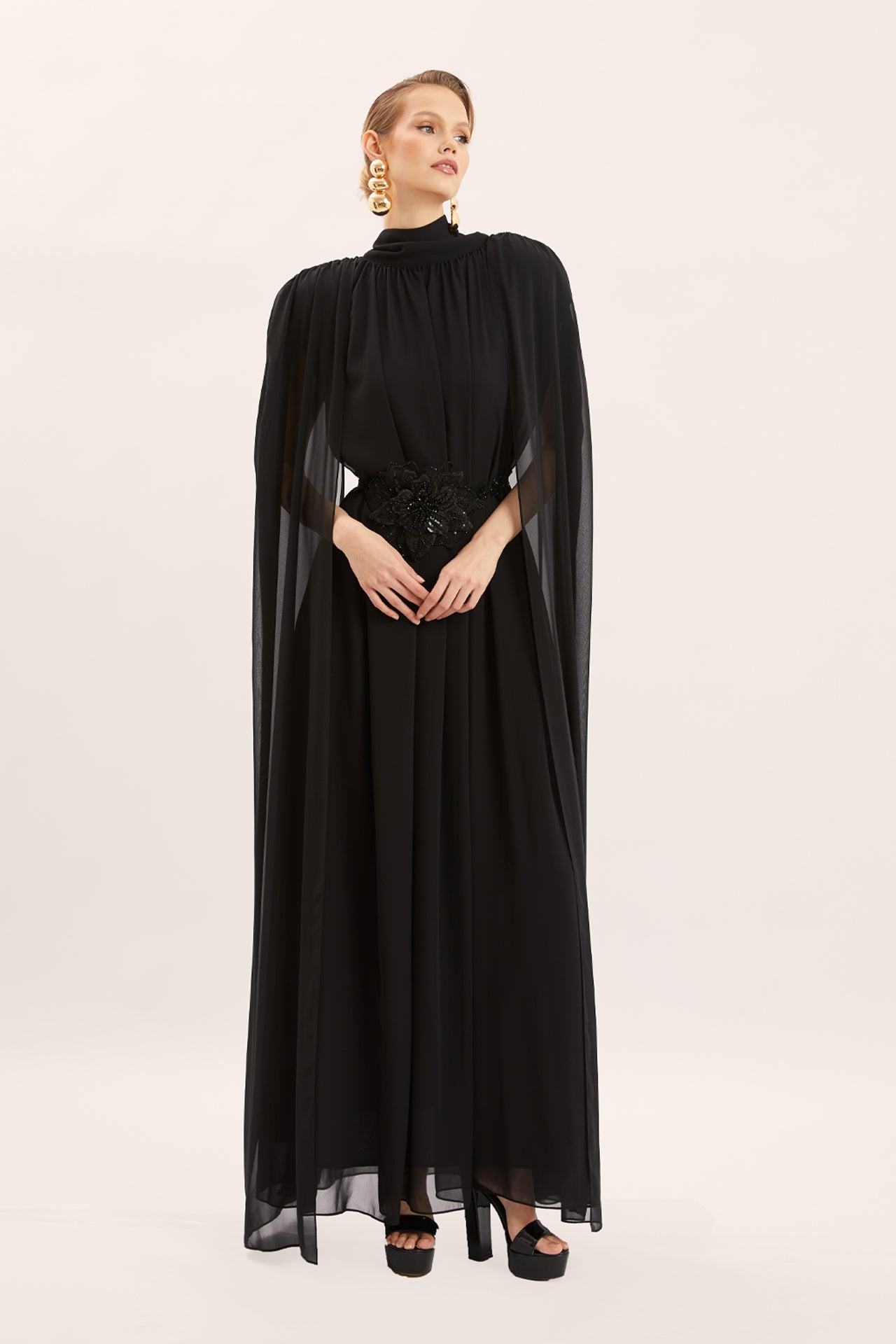 Cape Detail Embroidered Dress