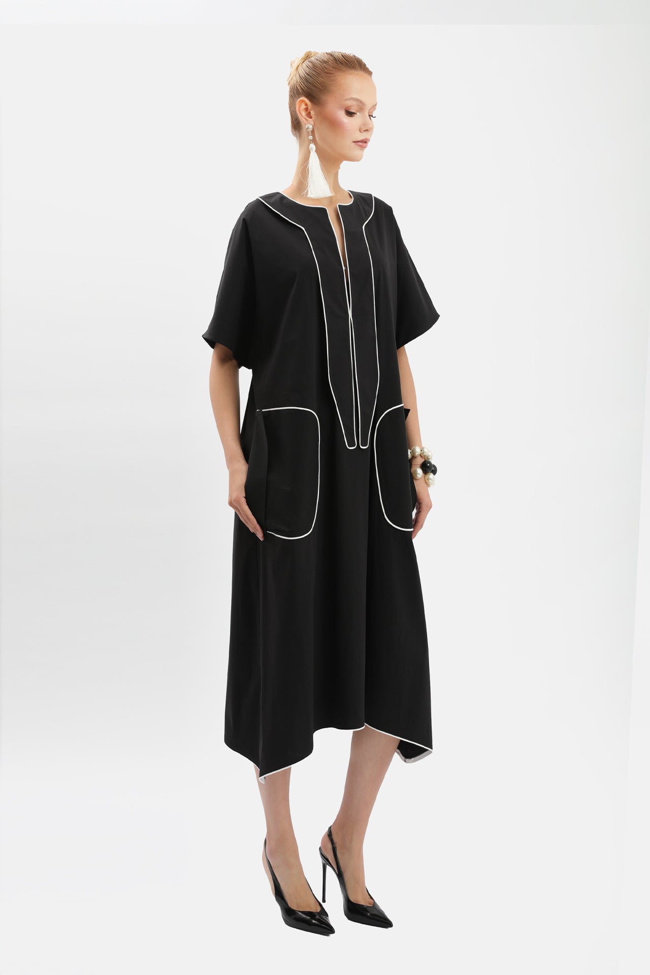 Black Midi Dress with Contrast Trim and Pocket Details