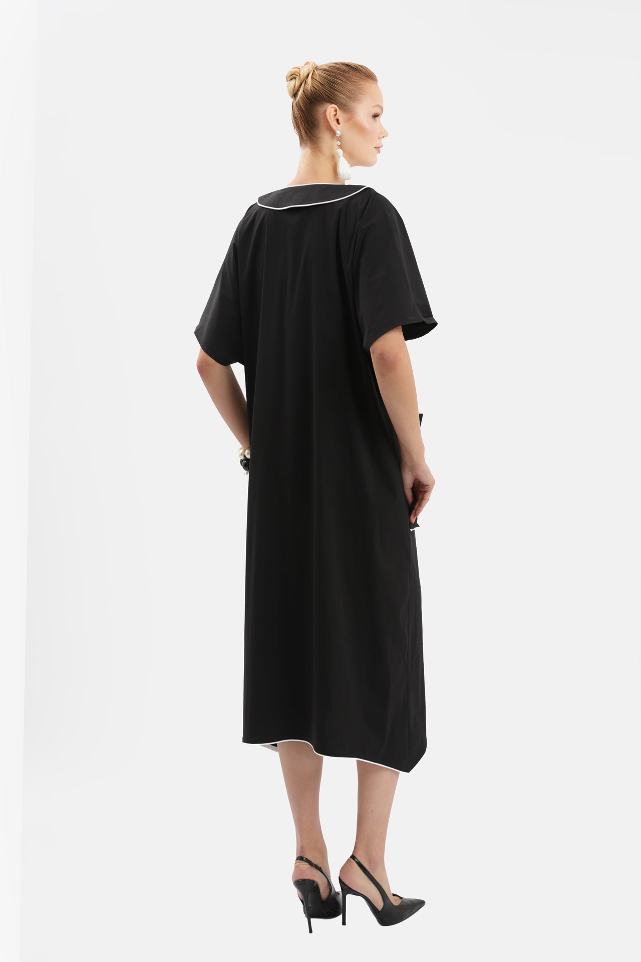 Black Midi Dress with Contrast Trim and Pocket Details