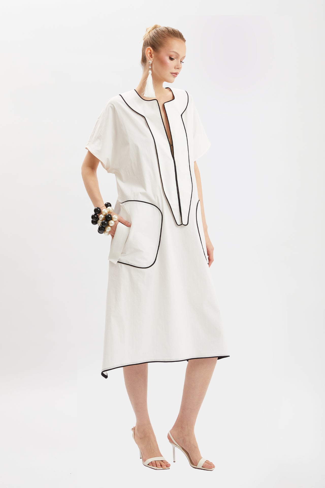 Black Midi Dress with Contrast Trim and Pocket Details