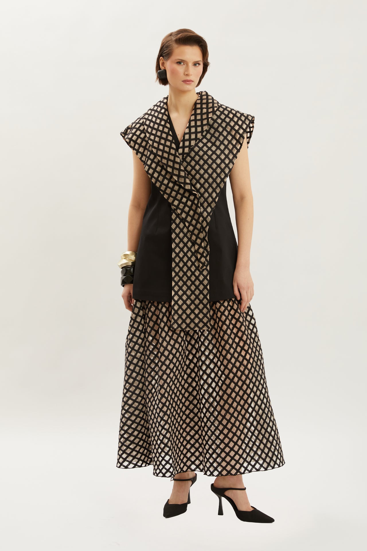 Checked Patterned Vest and Skirt Set