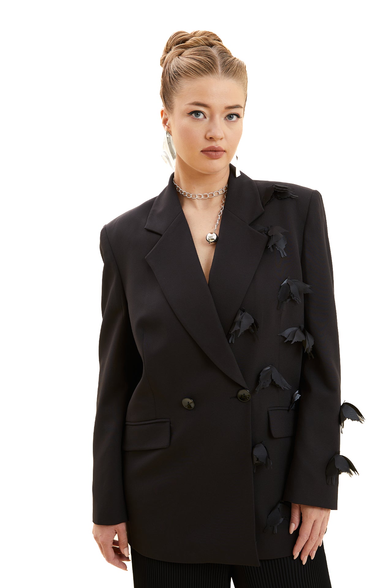 Applique Detailed Double-Breasted Jacket