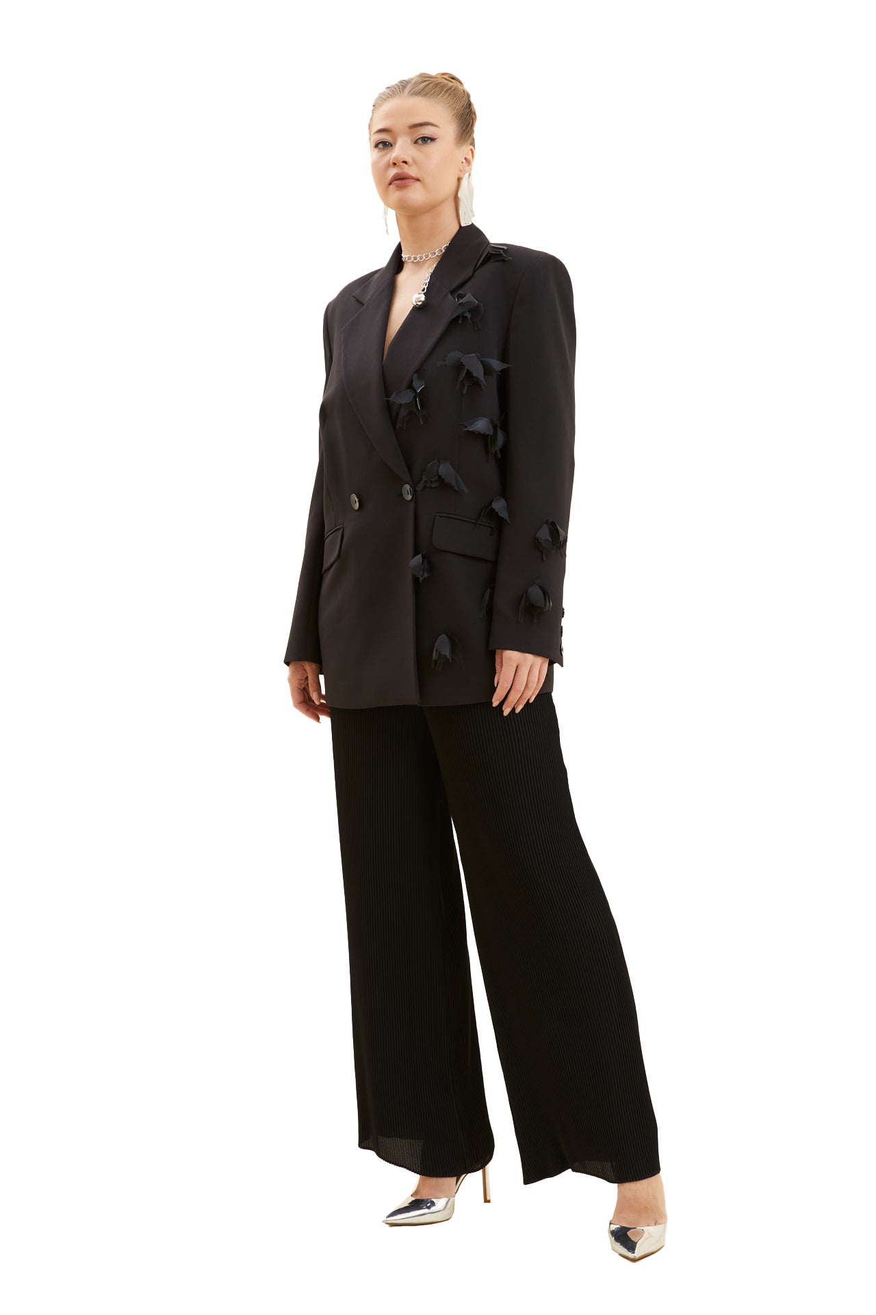 Applique Detailed Double-Breasted Jacket