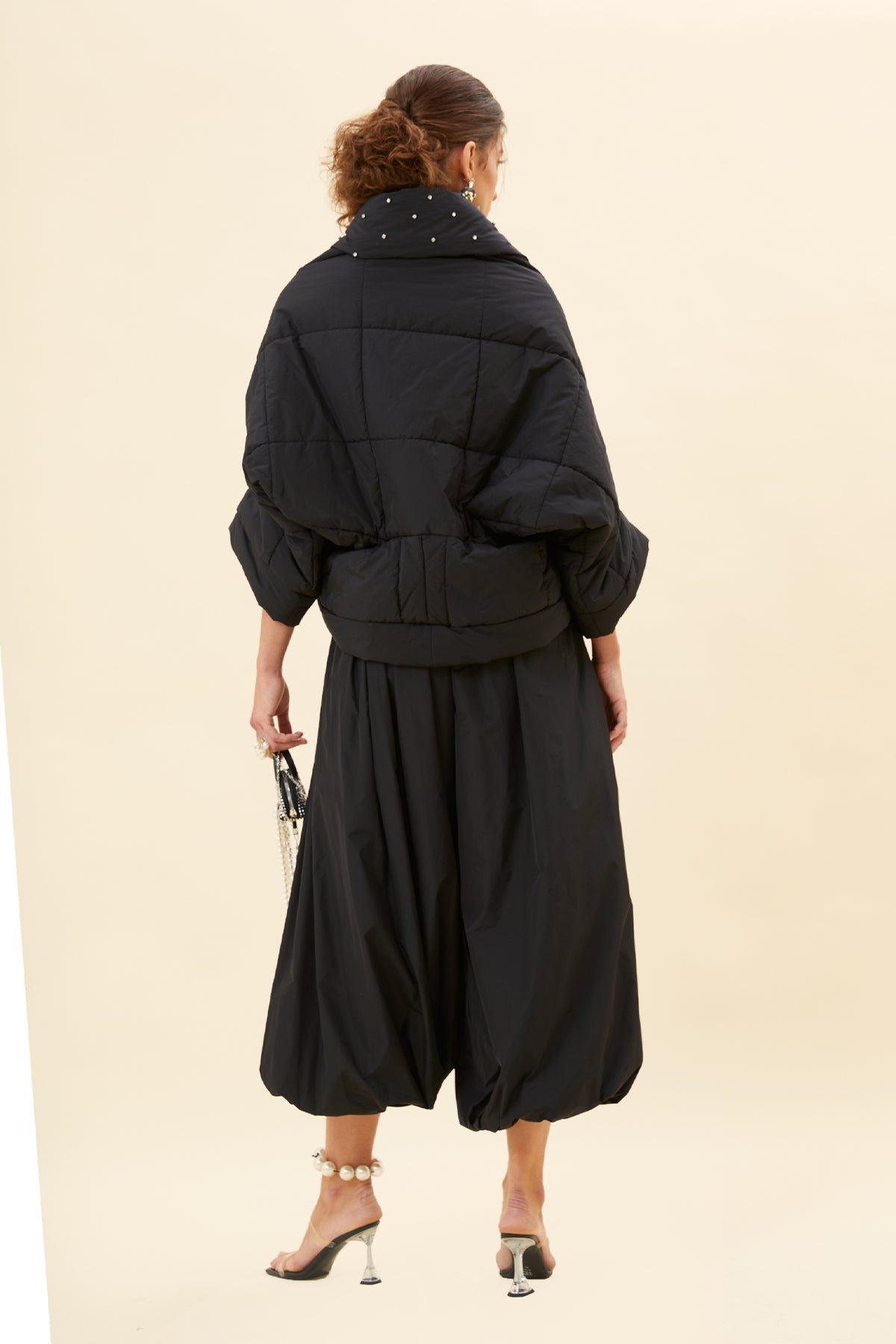Black Embellished Shawl Collar Quilted Jacket