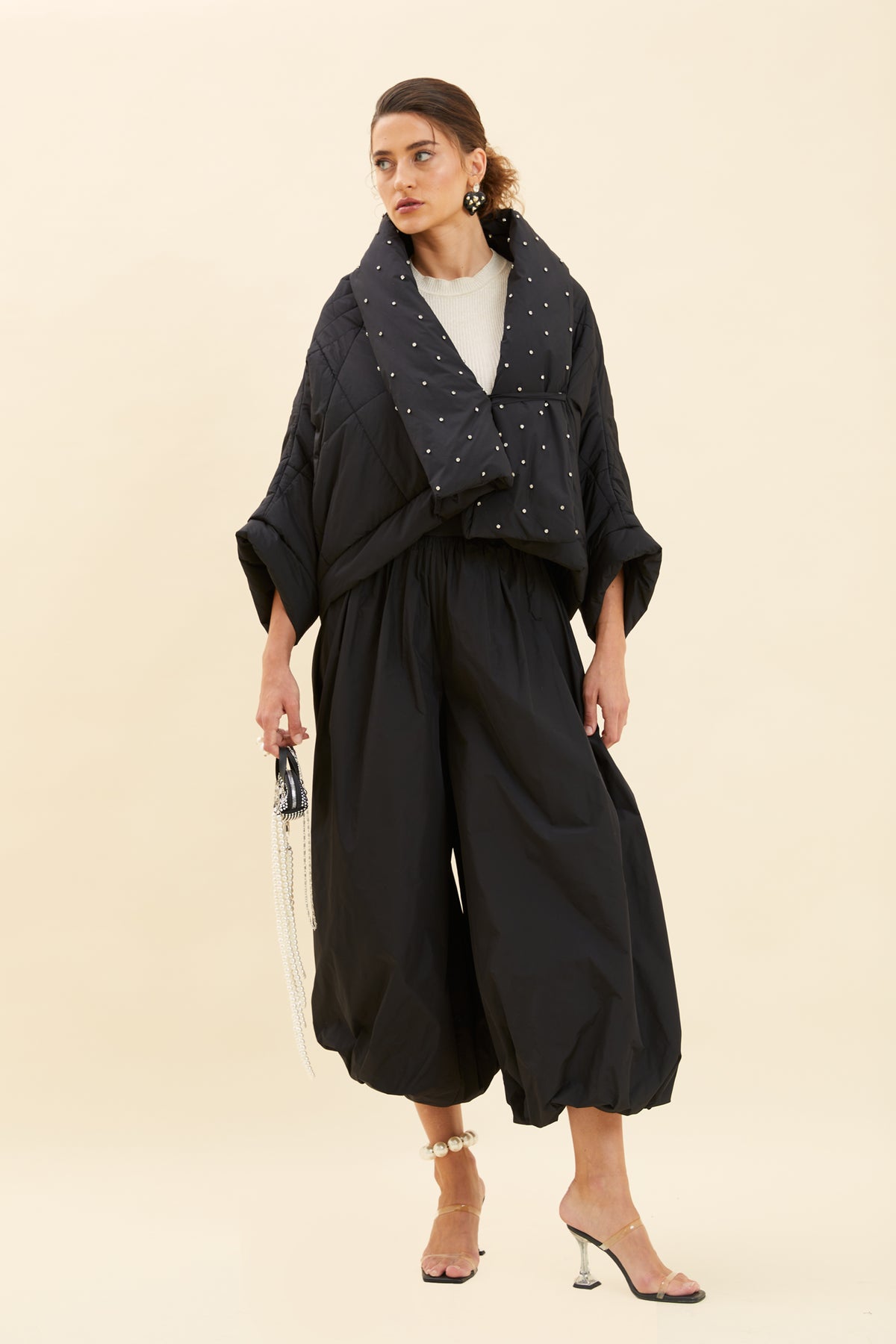Black Embellished Shawl Collar Quilted Jacket