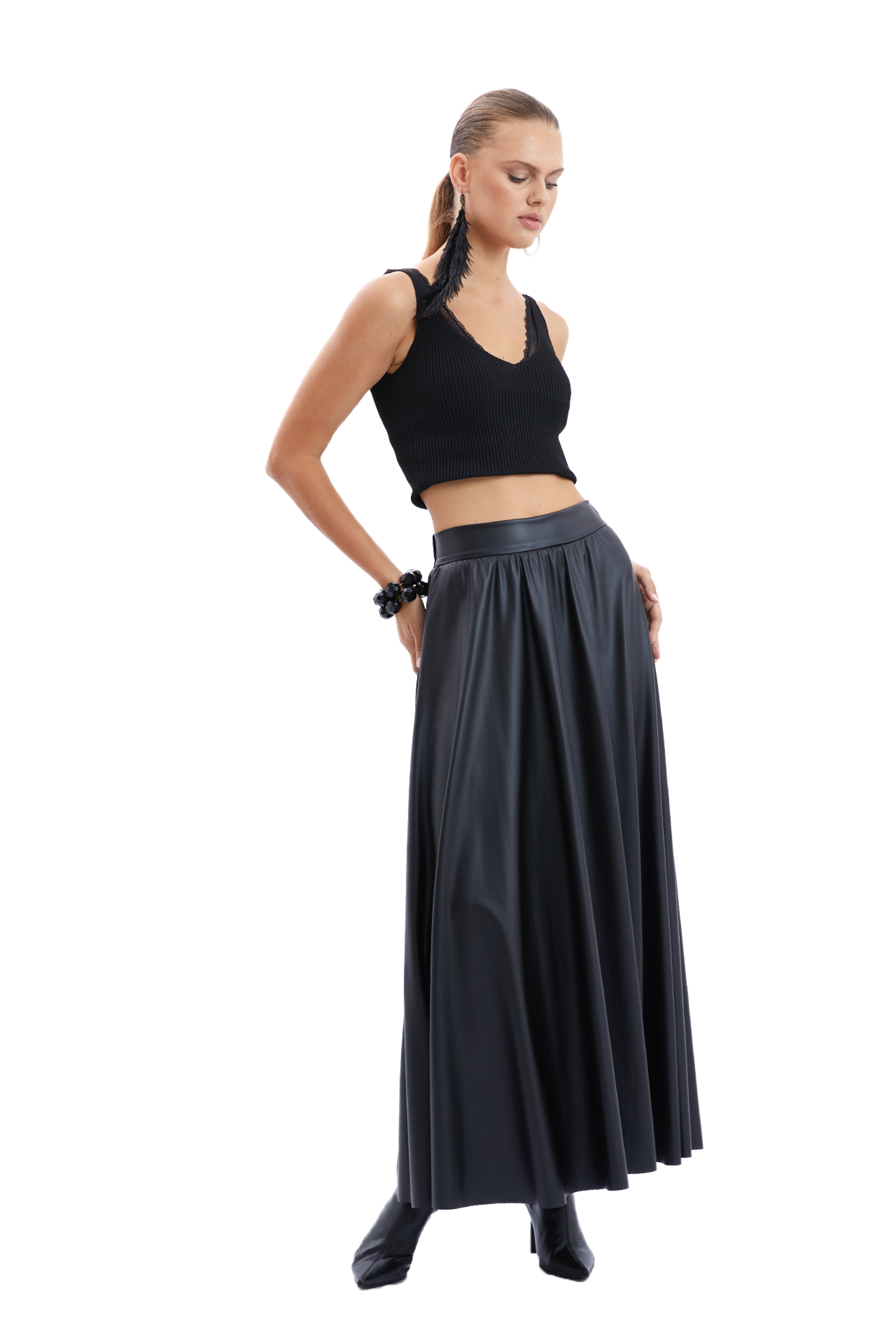 Elastic Waist Leather Skirt