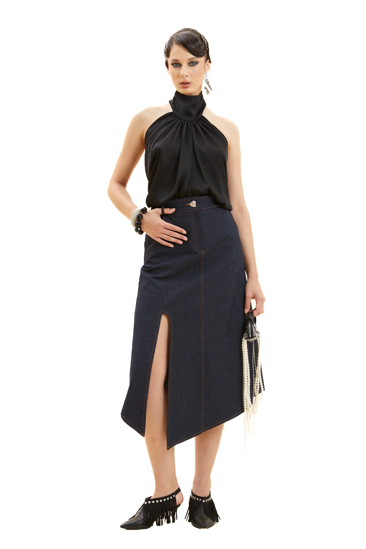 Slit Asymmetrical Jean Skirt