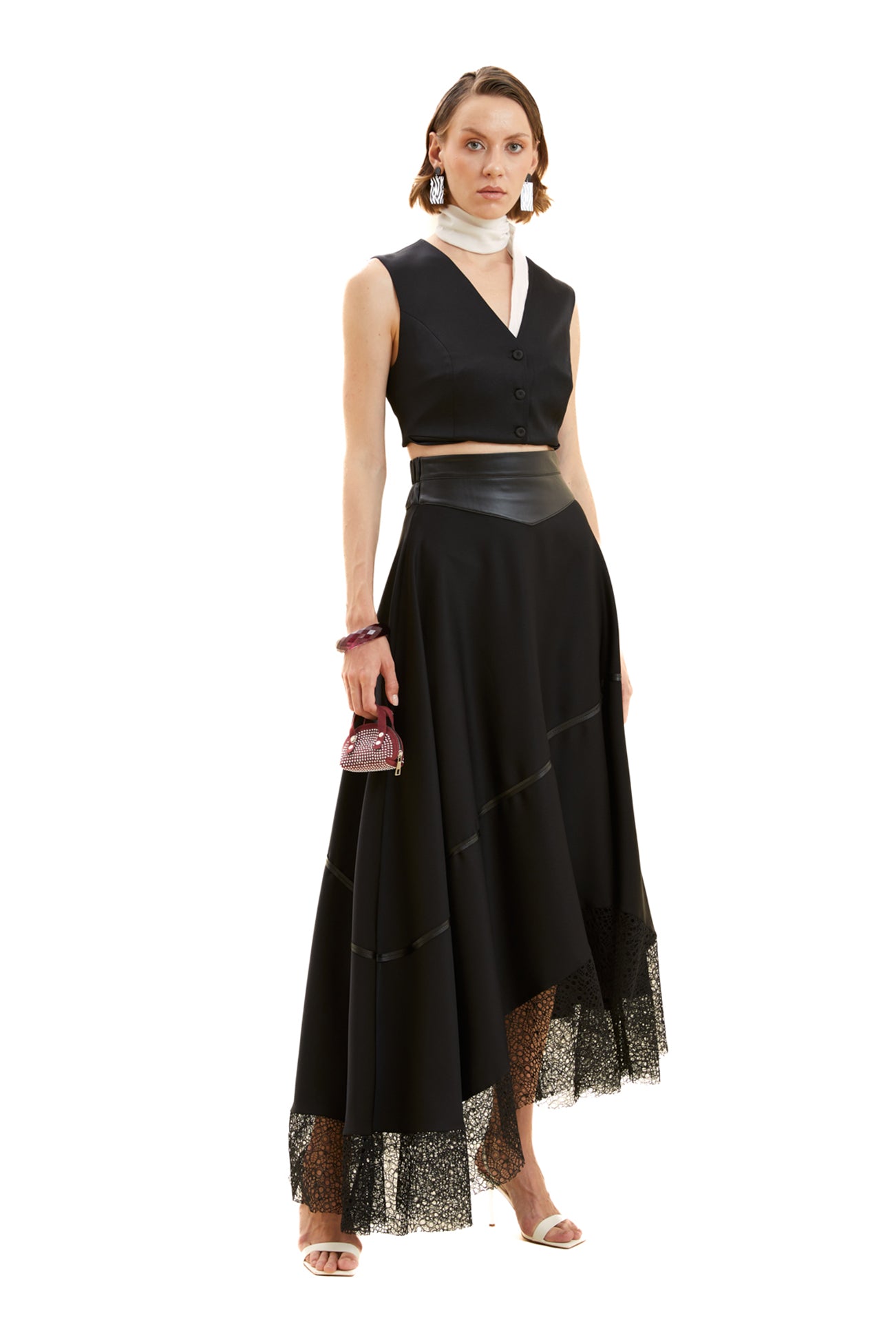 Asymmetrical Skirt with Leather Details