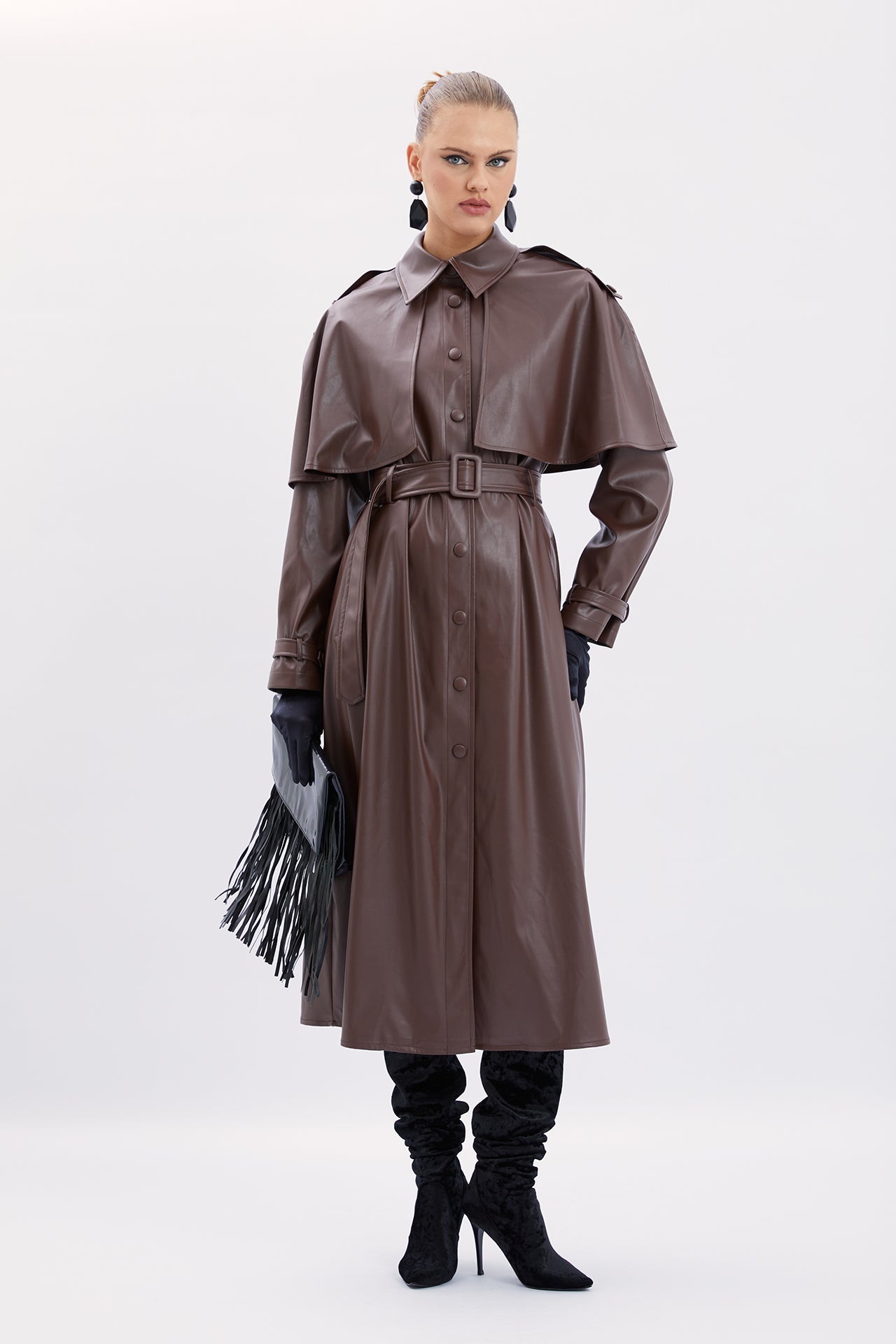 Leather Trench Coat with Cape Detail