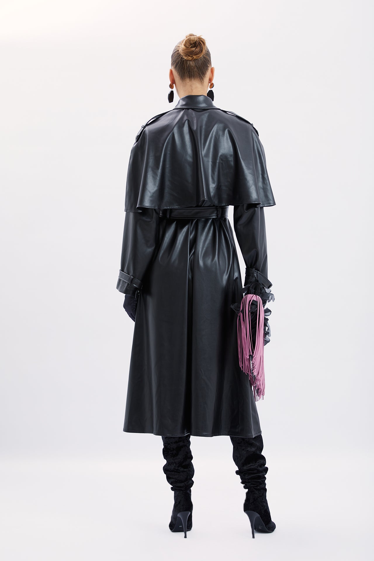 Leather Trench Coat with Cape Detail -
