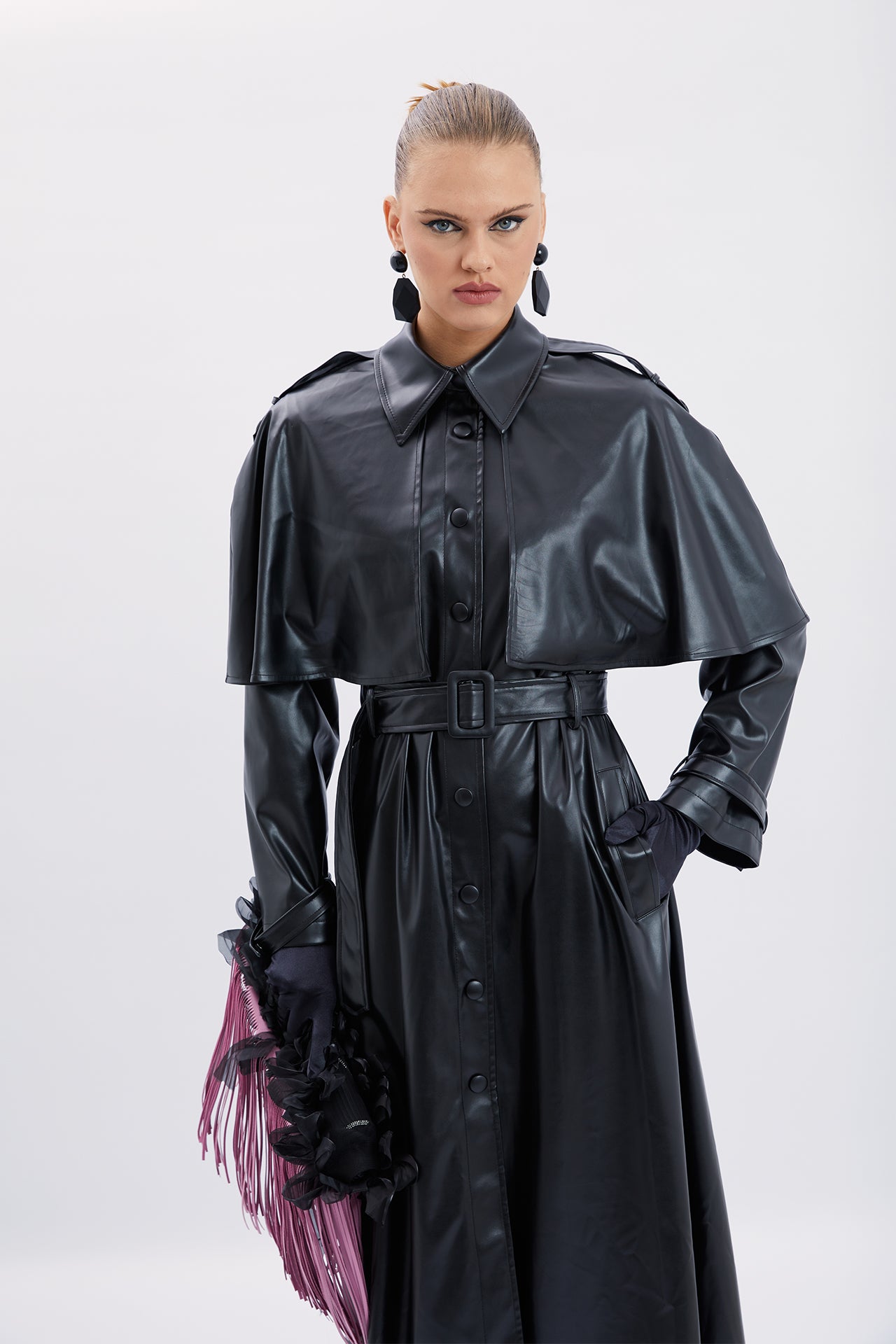 Leather Trench Coat with Cape Detail -