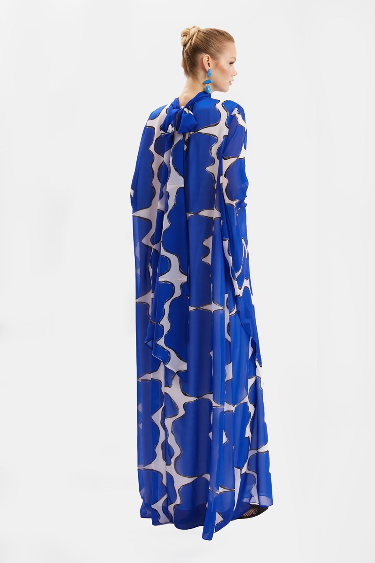 Abstract Printed High-Neck Cape Maxi Dress