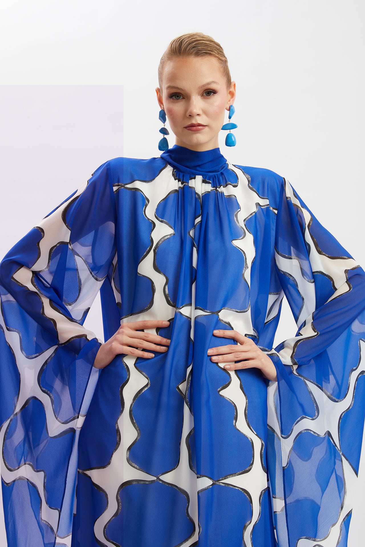 Abstract Printed High-Neck Cape Maxi Dress