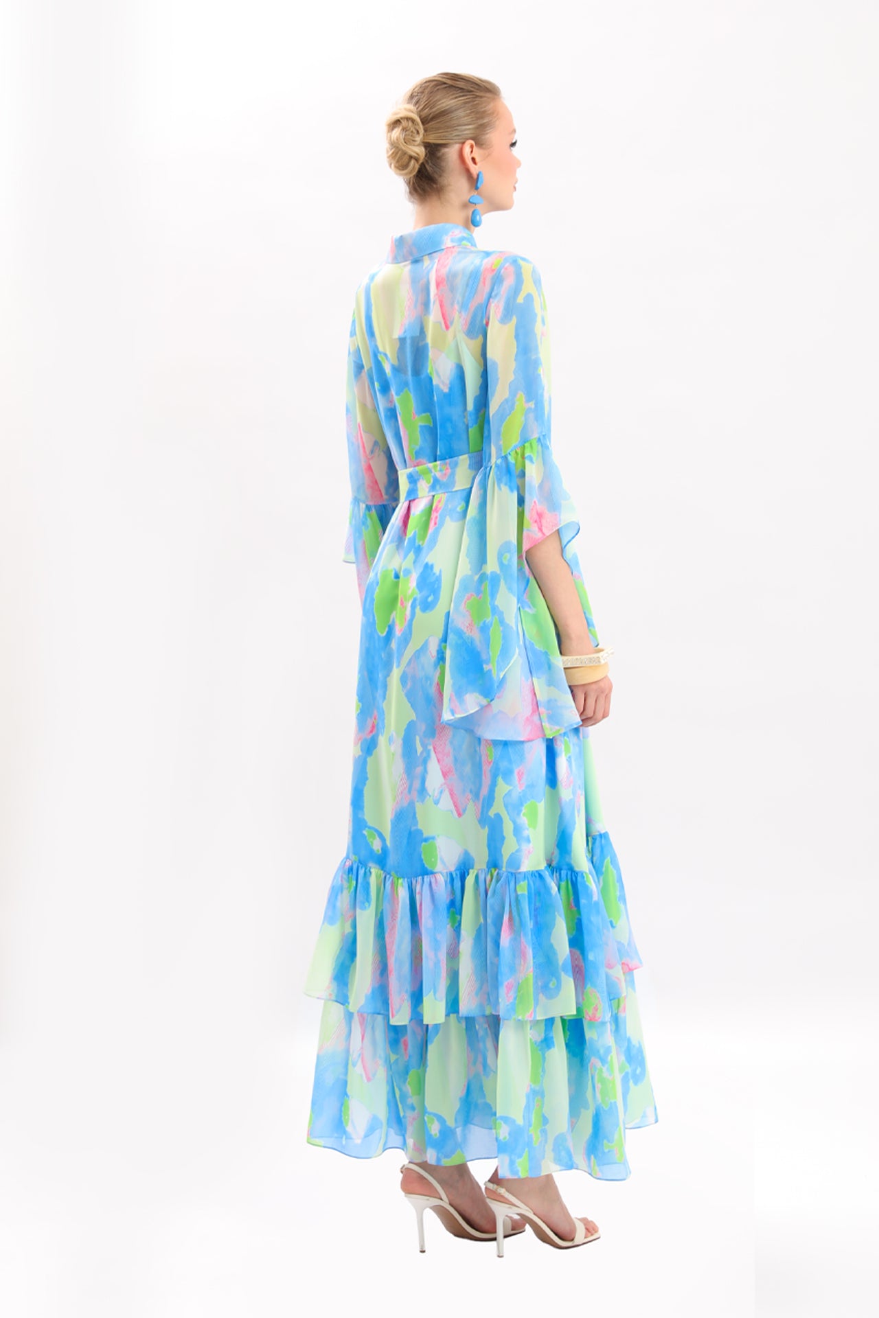 Floral Print Tiered Chiffon Maxi Dress