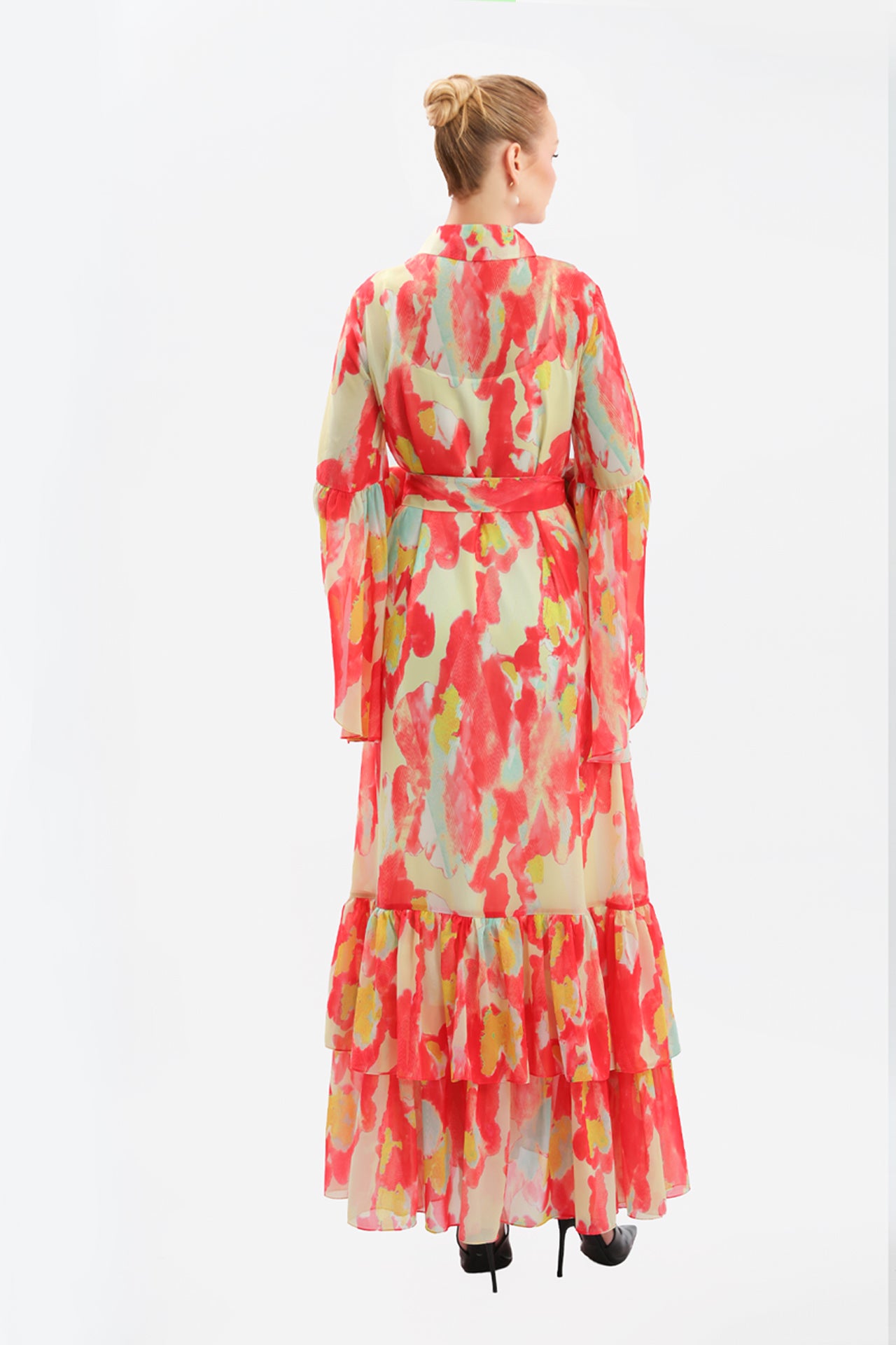 Floral Print Tiered Chiffon Maxi Dress