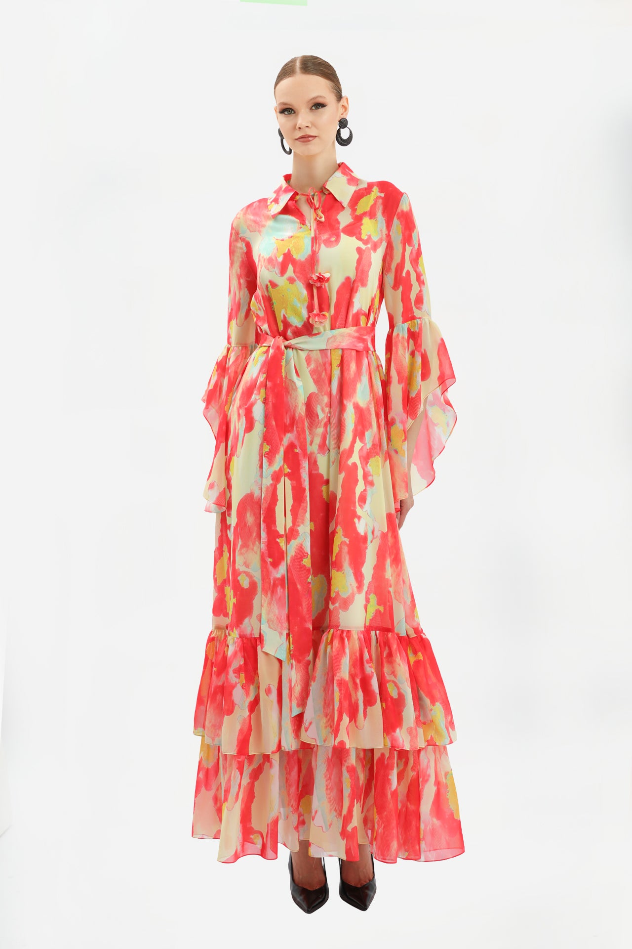Floral Print Tiered Chiffon Maxi Dress