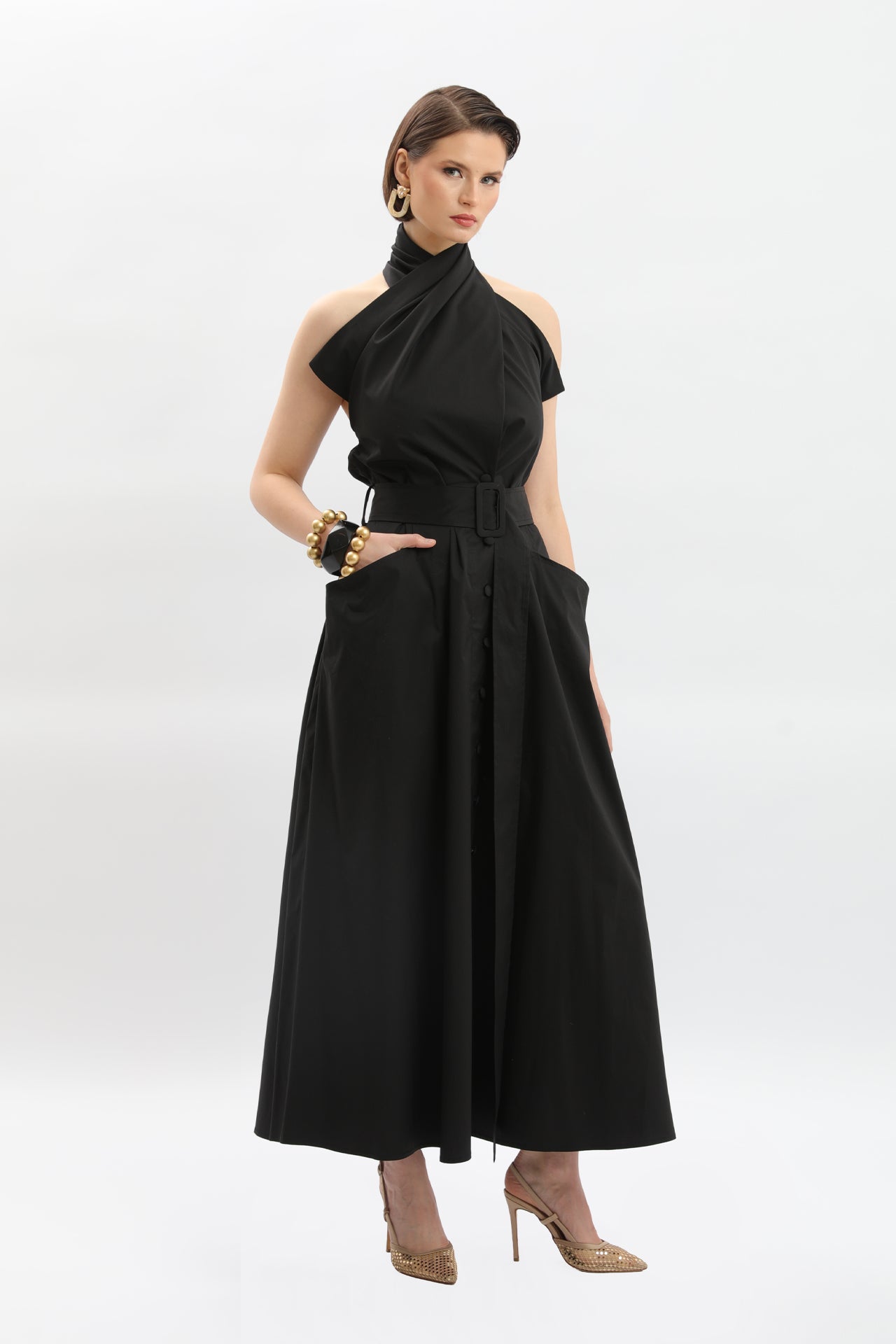 Avant-Garde Draped Neck Midi/Maxi Dress