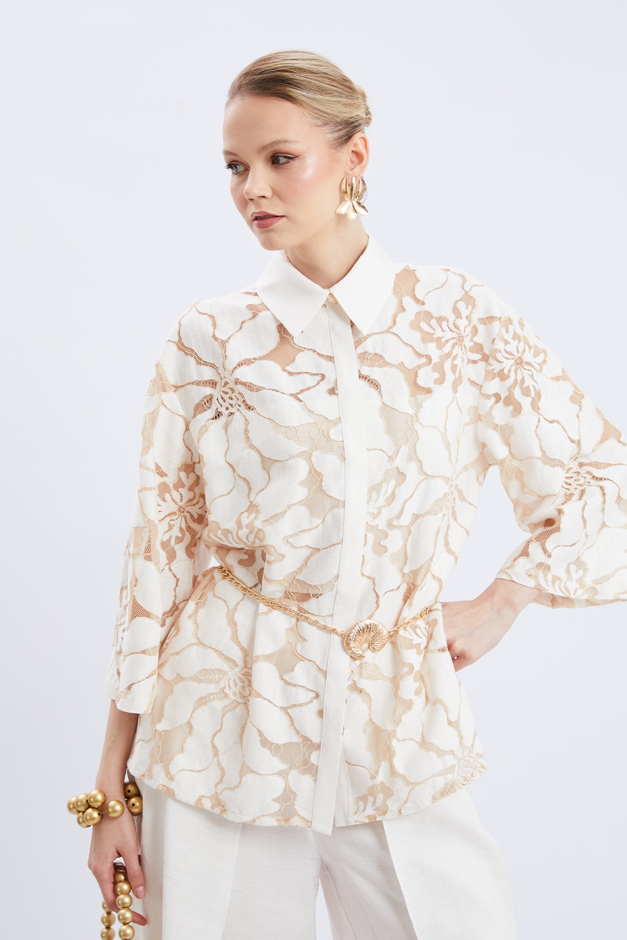 Floral Lace Shirt & Wide-Leg Pants Set