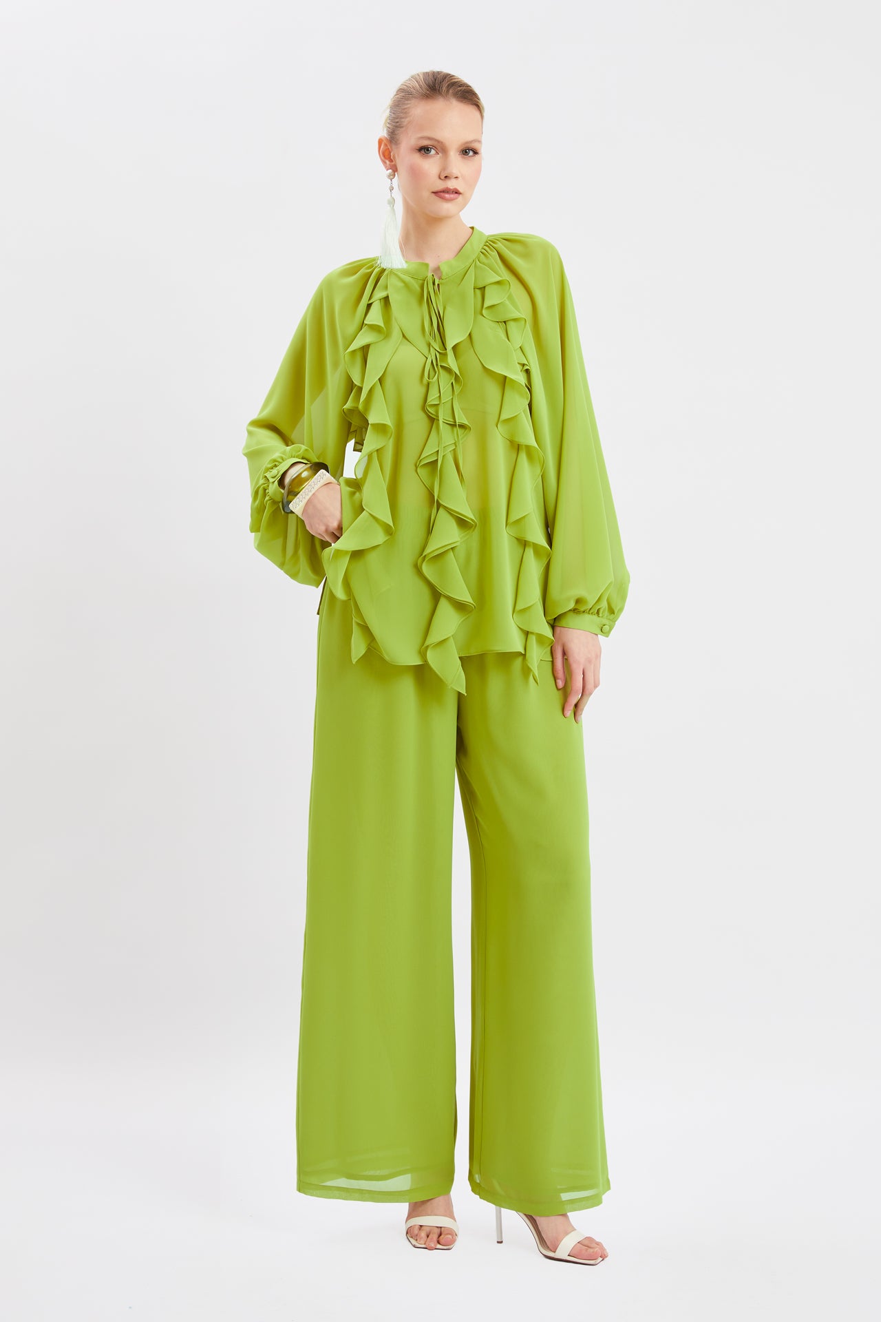Chiffon Ruffled Blouse & Wide-Leg Pants Set