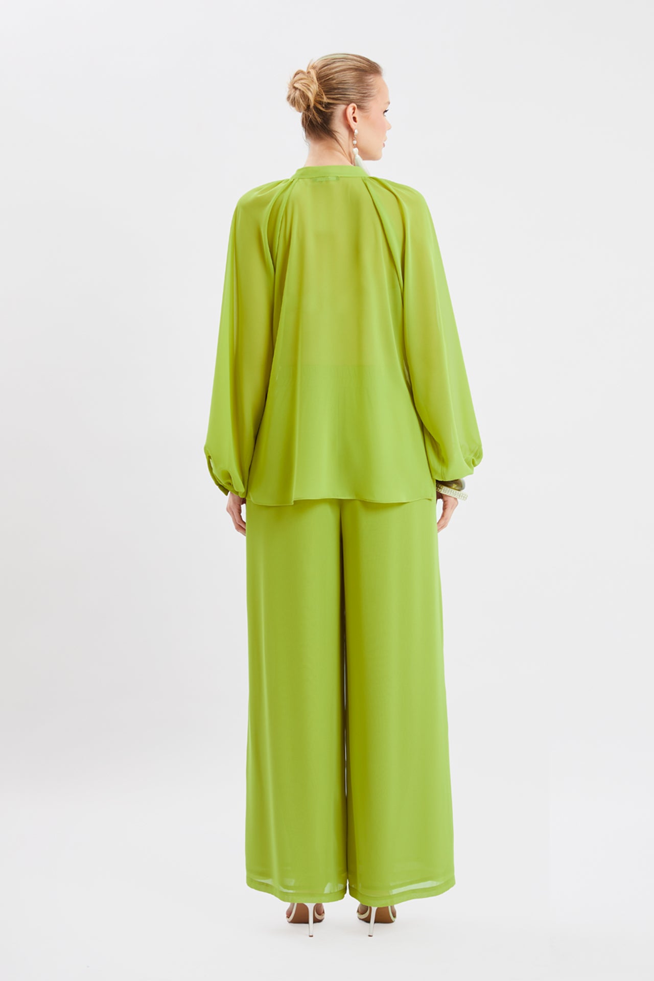 Chiffon Ruffled Blouse & Wide-Leg Pants Set