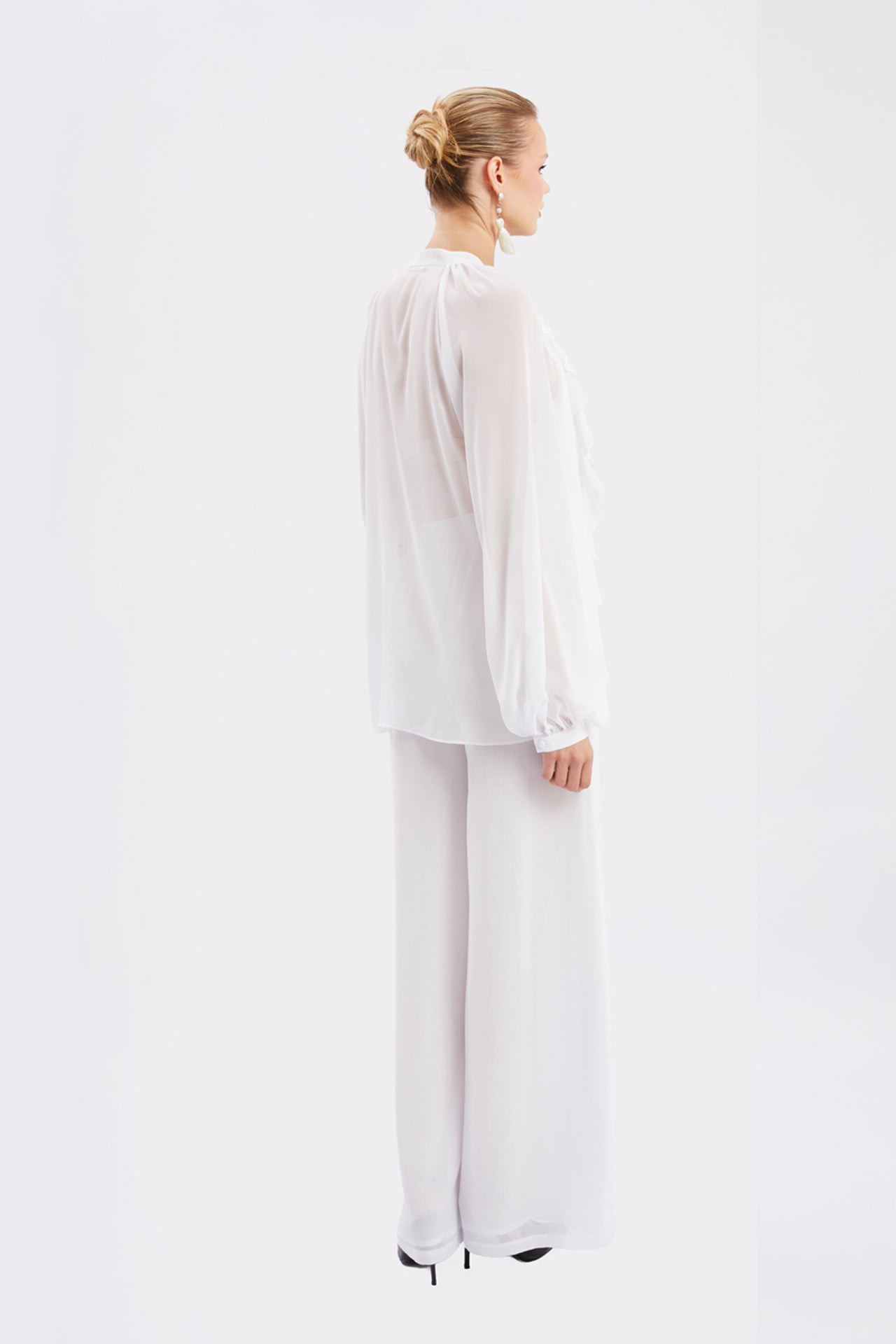 Chiffon Ruffled Blouse & Wide-Leg Pants Set