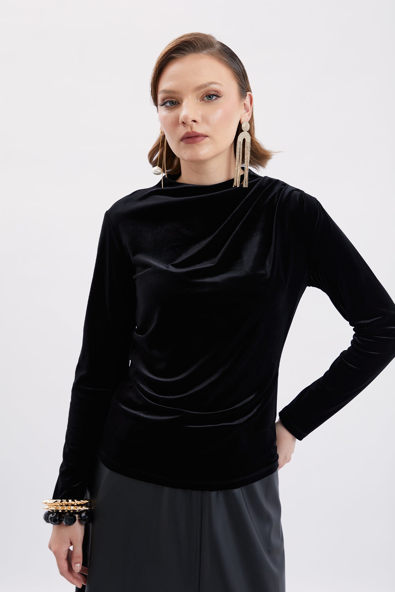 Pleated Detailed Velvet Blouse