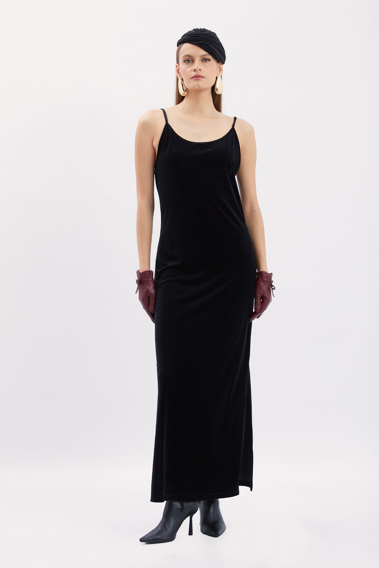 Velvet Strappy Dress with Slit Detail