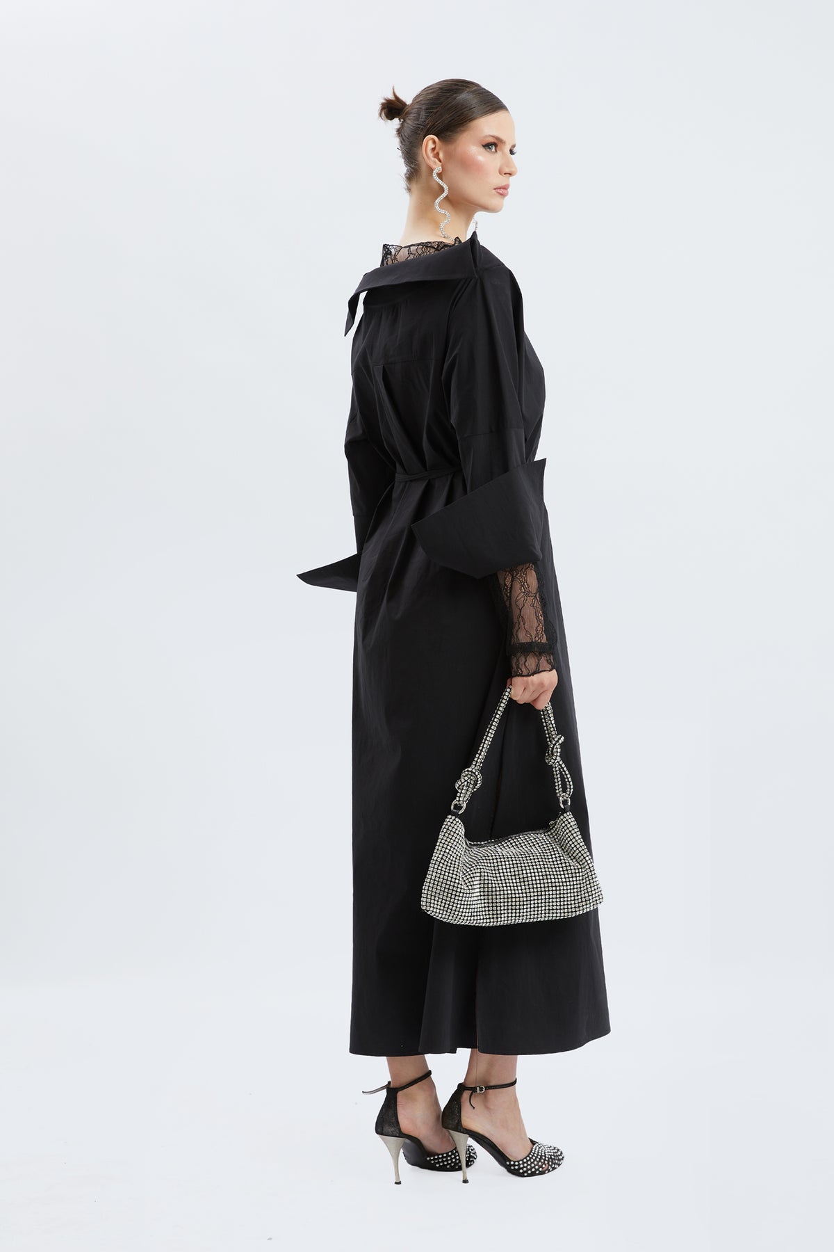 Black Lace Panel Off-the-Shoulder Belted Maxi Dress