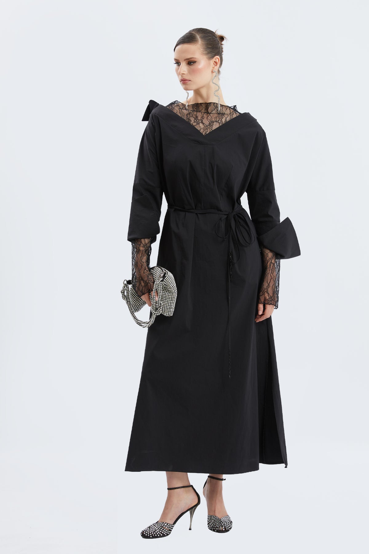 Black Lace Panel Off-the-Shoulder Belted Maxi Dress
